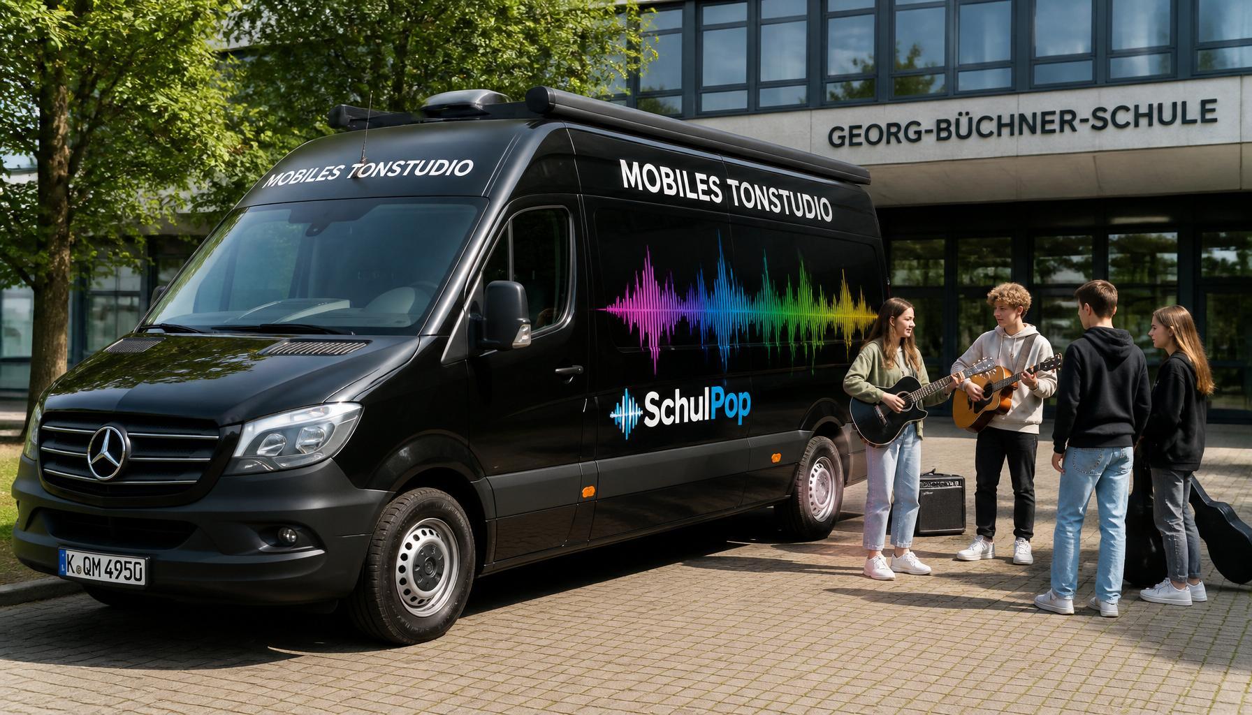 SchulPop mobiles Tonstudio: schwarzer Bus mit buntem Soundwave-Design und SchulPop-Logo vor einer Schule